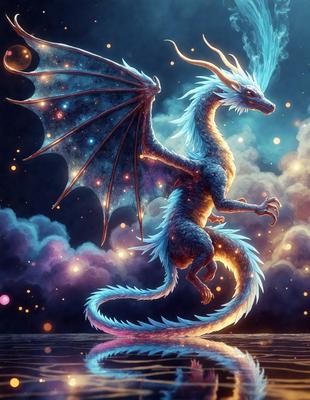 The primary subject of the image is a blue dragon with white and blue wings, standing on a cloudy surface. The dragon appears to be in motion, possibly flying or walking. The setting is a dark, cloudy sky, which adds to the overall mood of the image. The visual style is a digital art or illustration, showcasing the dragon's intricate details and the cloudy background. The colors and mood of the image are predominantly dark and moody, with the blue dragon standing